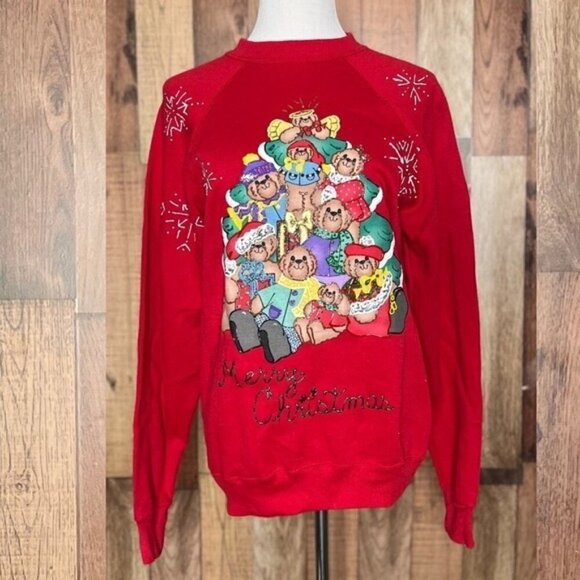 Vintage Christmas Sweatshirt Teddy Bear Tree Red Holiday Pullover - Picture 2 of 9